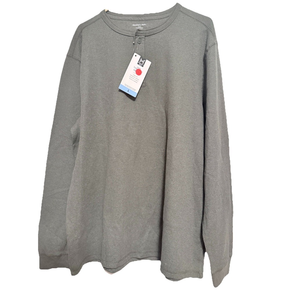 NWT‎ Members Mark Thermal Henley Mens Large Waffle Green Long Sleeve Stretch